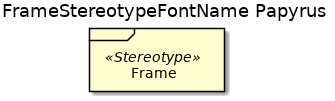 @startuml
'!include ../../../plantuml-styles/plantuml-ae-skinparam-ex.iuml

skinparam FrameStereotypeFontName Papyrus

title FrameStereotypeFontName Papyrus

frame Frame <<Stereotype>>
@enduml