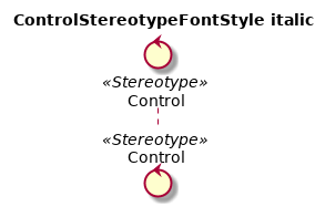 @startuml
'!include ../../../plantuml-styles/plantuml-ae-skinparam-ex.iuml

skinparam ControlStereotypeFontStyle italic

title ControlStereotypeFontStyle italic

control Control <<Stereotype>>
@enduml