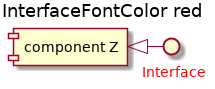 @startuml
'!include ../../../plantuml-styles/plantuml-ae-skinparam-ex.iuml

skinparam InterfaceFontColor red

title InterfaceFontColor red

component "component Z" as z

interface Interface

z <|- Interface

@enduml