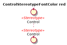 @startuml
'!include ../../../plantuml-styles/plantuml-ae-skinparam-ex.iuml

skinparam ControlStereotypeFontColor red

title ControlStereotypeFontColor red

control Control <<Stereotype>>
@enduml