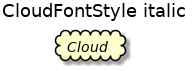 @startuml
'!include ../../../plantuml-styles/plantuml-ae-skinparam-ex.iuml

skinparam CloudFontStyle italic

title CloudFontStyle italic

cloud Cloud 
@enduml