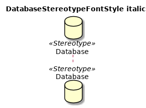 @startuml
'!include ../../../plantuml-styles/plantuml-ae-skinparam-ex.iuml

skinparam DatabaseStereotypeFontStyle italic

title DatabaseStereotypeFontStyle italic

database Database <<Stereotype>>
@enduml