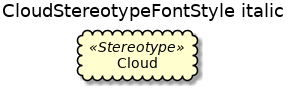 @startuml
'!include ../../../plantuml-styles/plantuml-ae-skinparam-ex.iuml

skinparam CloudStereotypeFontStyle italic

title CloudStereotypeFontStyle italic

cloud Cloud <<Stereotype>>
@enduml