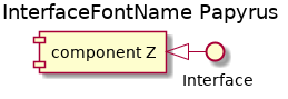 @startuml
'!include ../../../plantuml-styles/plantuml-ae-skinparam-ex.iuml

skinparam InterfaceFontName Papyrus

title InterfaceFontName Papyrus


component "component Z" as z

interface Interface

z <|- Interface

@enduml