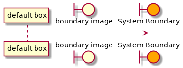 @startuml

participant "default box" as particpantA

boundary "boundary image" as boundaryB


boundary "System Boundary" as sysBoundary #orange

boundaryB -> sysBoundary

'!include ../../plantuml-styles/ae-copyright-footer.txt
@enduml