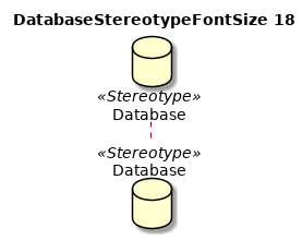 @startuml
'!include ../../../plantuml-styles/plantuml-ae-skinparam-ex.iuml

skinparam DatabaseStereotypeFontSize 18

title DatabaseStereotypeFontSize 18

database Database <<Stereotype>>
@enduml