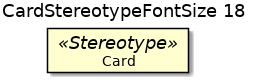 @startuml
'!include ../../../plantuml-styles/plantuml-ae-skinparam-ex.iuml

skinparam CardStereotypeFontSize 18

title CardStereotypeFontSize 18

card Card <<Stereotype>>

@enduml