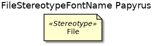 @startuml
'!include ../../../plantuml-styles/plantuml-ae-skinparam-ex.iuml

skinparam FileStereotypeFontName Papyrus

title FileStereotypeFontName Papyrus

file File <<Stereotype>>
@enduml